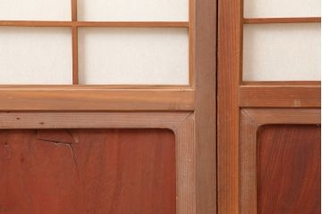 アンティーク建具　腰板ケヤキ材　横額入り障子戸2枚セット(ガラス帯戸、引き戸、建具)(R-036767)