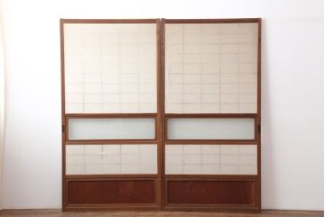 アンティーク建具　腰板ケヤキ材　横額入り障子戸2枚セット(ガラス帯戸、引き戸、建具)(R-036767)