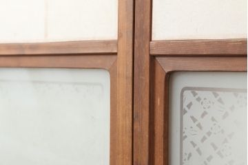 アンティーク建具　腰板ケヤキ材　横額入り障子戸2枚セット(ガラス帯戸、引き戸、建具)(R-036767)
