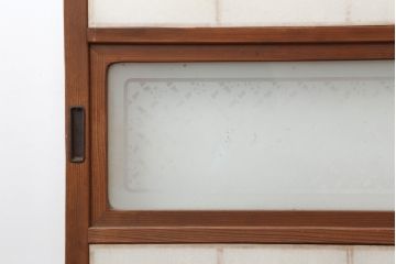 アンティーク建具　腰板ケヤキ材　横額入り障子戸2枚セット(ガラス帯戸、引き戸、建具)(R-036767)