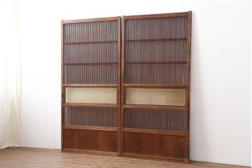 アンティーク建具　和製アンティーク　昭和初期　桟が存在感を放つ格子戸2枚セット(ガラス帯戸、引き戸、建具)(R-036770)