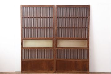 アンティーク建具　和製アンティーク　昭和初期　桟が存在感を放つ格子戸2枚セット(ガラス帯戸、引き戸、建具)(R-036770)