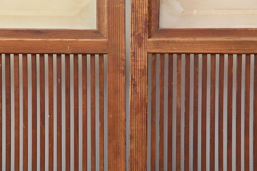 アンティーク建具　和製アンティーク　昭和初期　桟が存在感を放つ格子戸2枚セット(ガラス帯戸、引き戸、建具)(R-036770)