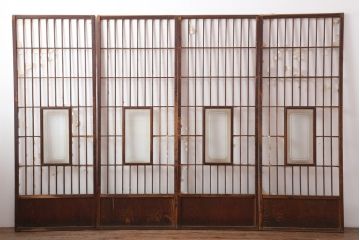 アンティーク建具　昭和初期　縦額入り幅狭障子戸4枚セット(引き戸、建具)(R-036775)