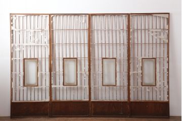 アンティーク建具　昭和初期　縦額入り幅狭障子戸4枚セット(引き戸、建具)(R-036775)