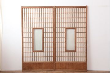 アンティーク建具　木味が魅力の縦額入り障子戸2枚セット(引き戸、建具)(R-036776)