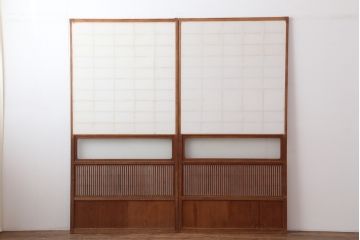 アンティーク建具　格子入り障子戸2枚セット(ガラス帯戸、引き戸、建具、格子戸)(R-036778)