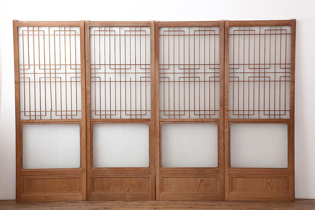 アンティーク建具　腰板ケヤキ　組子が魅力の大額入りガラス戸4枚セット(引き戸、建具)(R-036781)