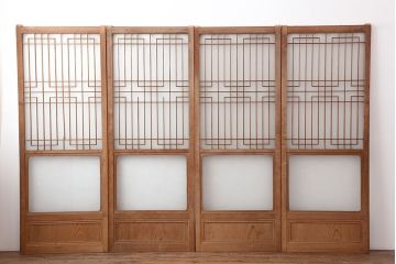 アンティーク建具　腰板ケヤキ　組子が魅力の大額入りガラス戸4枚セット(引き戸、建具)(R-036781)