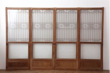 アンティーク建具　腰板ケヤキ　組子が魅力の大額入りガラス戸4枚セット(引き戸、建具)(R-036781)