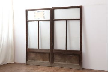 アンティーク建具　腰板ケヤキ　昭和初期　レトロなガラス戸2枚セット(引き戸、建具)(R-036785)