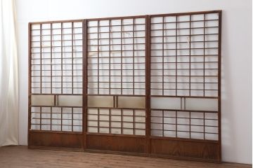 アンティーク建具　昭和初期　シンプルな木製フレームの障子戸3枚セット(ガラス帯戸、建具、引き戸)(R-036790)