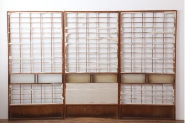 アンティーク建具　昭和初期　シンプルな木製フレームの障子戸3枚セット(ガラス帯戸、建具、引き戸)(R-036790)