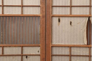 アンティーク建具　大正昭和初期　裏障子付き　縦桟が品のある雰囲気醸し出す格子戸2枚セット(ガラス帯戸、建具、引き戸)(R-036792)