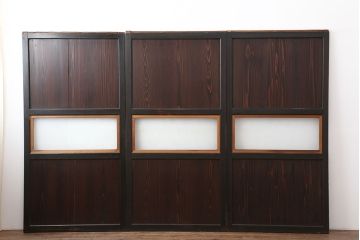 アンティーク建具　大正昭和初期　レトロな佇まいが魅力的なガラス帯戸3枚セット(建具、引き戸)(R-036793)