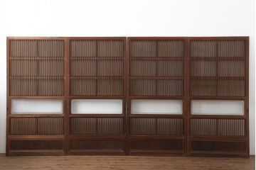 アンティーク建具　昭和初期　裏ガラス付き　腰板欅(ケヤキ)材　格子戸4枚セット(建具、引き戸)(R-036800)