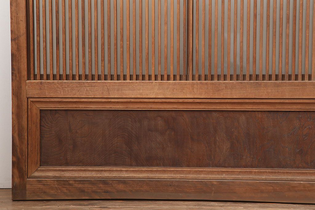 アンティーク建具　昭和初期　裏ガラス付き　腰板欅(ケヤキ)材　格子戸4枚セット(建具、引き戸)(R-036800)