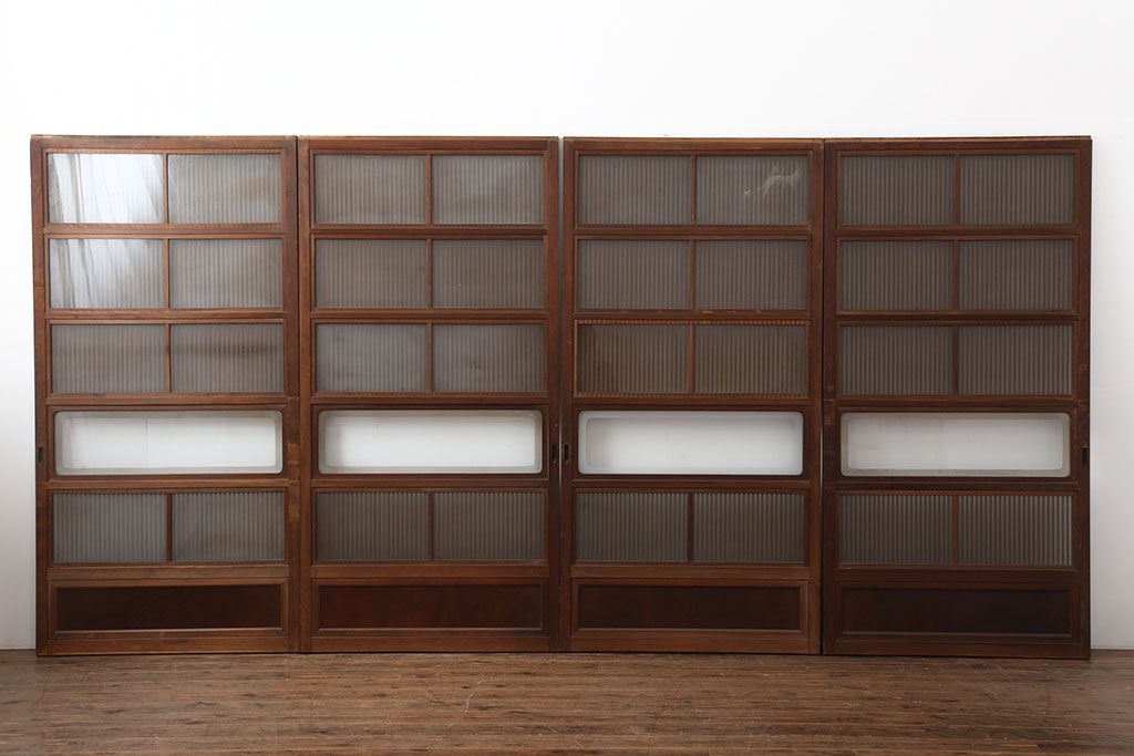 アンティーク建具　昭和初期　裏ガラス付き　腰板欅(ケヤキ)材　格子戸4枚セット(建具、引き戸)(R-036800)