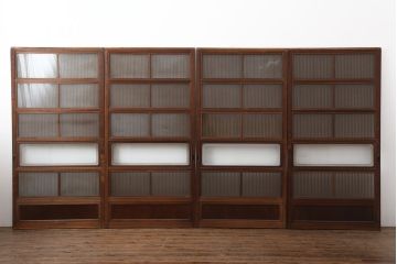 アンティーク建具　昭和初期　裏ガラス付き　腰板欅(ケヤキ)材　格子戸4枚セット(建具、引き戸)(R-036800)