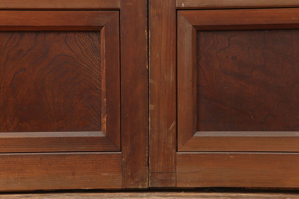 アンティーク建具　昭和初期　裏ガラス付き　腰板欅(ケヤキ)材　格子戸4枚セット(建具、引き戸)(R-036800)