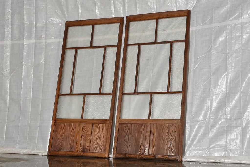 アンティーク建具　シンプルな木製フレームのガラス戸2枚セット(建具、引き戸)(R-036802)