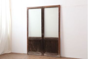 アンティーク建具　昭和初期　細身サイズ　ダイヤガラスが趣漂わせる引き戸2枚セット(建具、ガラス戸)(R-036806)