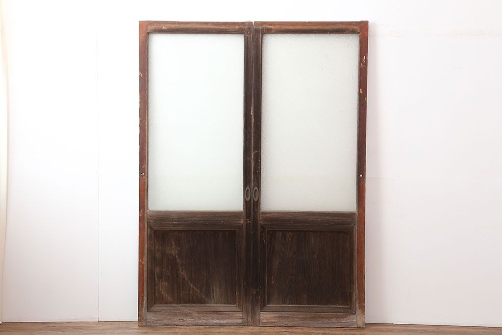 アンティーク建具　昭和初期　細身サイズ　ダイヤガラスが趣漂わせる引き戸2枚セット(建具、ガラス戸)(R-036806)
