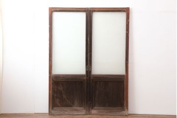 アンティーク建具　昭和初期　細身サイズ　ダイヤガラスが趣漂わせる引き戸2枚セット(建具、ガラス戸)(R-036806)