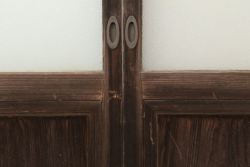 アンティーク建具　昭和初期　細身サイズ　ダイヤガラスが趣漂わせる引き戸2枚セット(建具、ガラス戸)(R-036806)