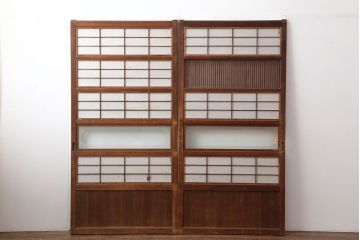 アンティーク建具　昭和初期　裏障子付き　上品な和の空間づくりにおすすめな格子戸2枚セット(障子戸、引き戸)(R-036808)
