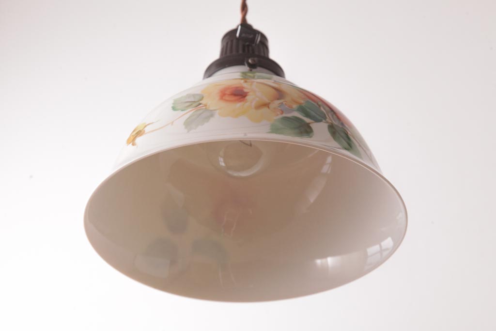 アンティーク家具　オールドノリタケ・則武(日陶)　ローズ(薔薇)　鮮やかな絵柄が目を引く電笠(天井照明、シェード)(R-036835)
