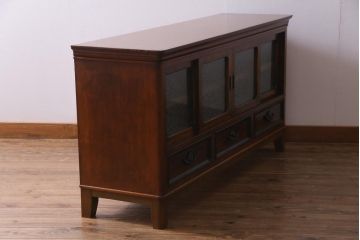 アンティーク家具　結霜ガラス入り　リメイク　脚付き　桃の取っ手がアクセントになったテレビ台(収納棚、キャビネット、戸棚、リビングボード)