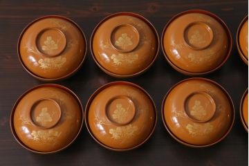 大正昭和初期　沈金蒔絵　松竹梅　茶色吸物椀10客セット・箱付き(漆器、木製椀)(R-036844)