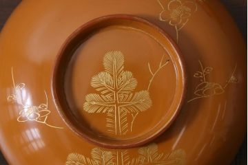 大正昭和初期　沈金蒔絵　松竹梅　茶色吸物椀10客セット・箱付き(漆器、木製椀)(R-036844)