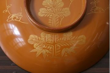 大正昭和初期　沈金蒔絵　松竹梅　茶色吸物椀10客セット・箱付き(漆器、木製椀)(R-036844)