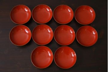 大正昭和初期　沈金蒔絵　松竹梅　茶色吸物椀10客セット・箱付き(漆器、木製椀)(R-036844)