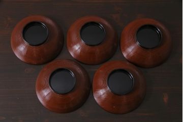 中古　和光堂謹製　輪島塗　波千鳥蒔絵　煮物椀5客セット・箱付き(木製漆器、蓋付お椀)(R-036845)