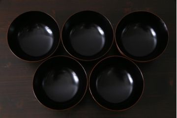 中古　和光堂謹製　輪島塗　波千鳥蒔絵　煮物椀5客セット・箱付き(木製漆器、蓋付お椀)(R-036845)