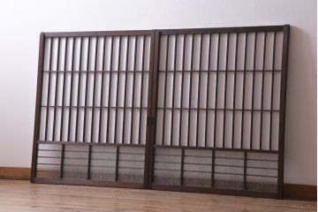 アンティーク建具　ダイヤガラスと障子を組み合わせたレトロな格子戸2枚セット(窓、建具、引き戸、障子戸)(R-036863)