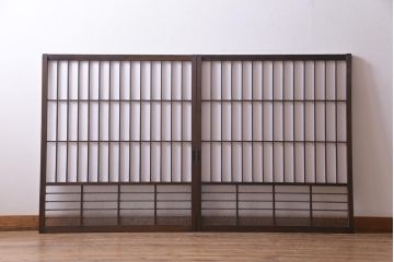 アンティーク建具　ダイヤガラスと障子を組み合わせたレトロな格子戸2枚セット(窓、建具)(R-036863)