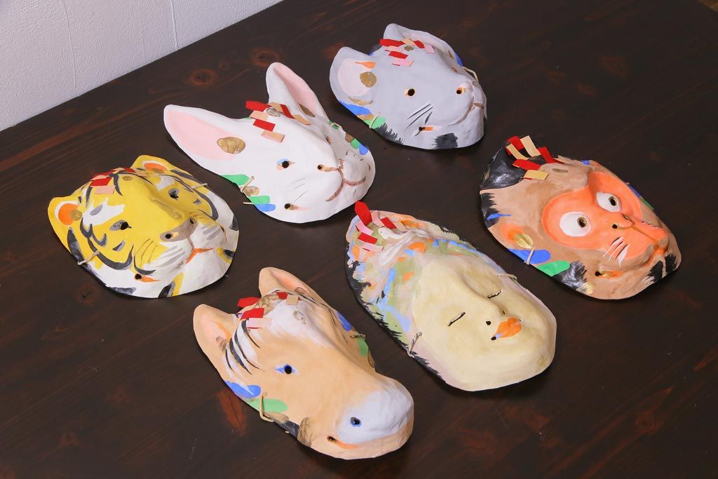 昭和期　藤原孚石作　厄除　嵯峨面　歳頭招福面　6個セット・紙箱付き(干支)(R-036868)