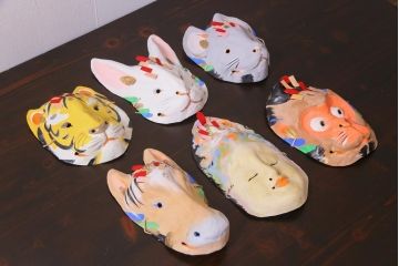 昭和期　藤原孚石作　厄除　嵯峨面　歳頭招福面　6個セット・紙箱付き(干支)(R-036868)