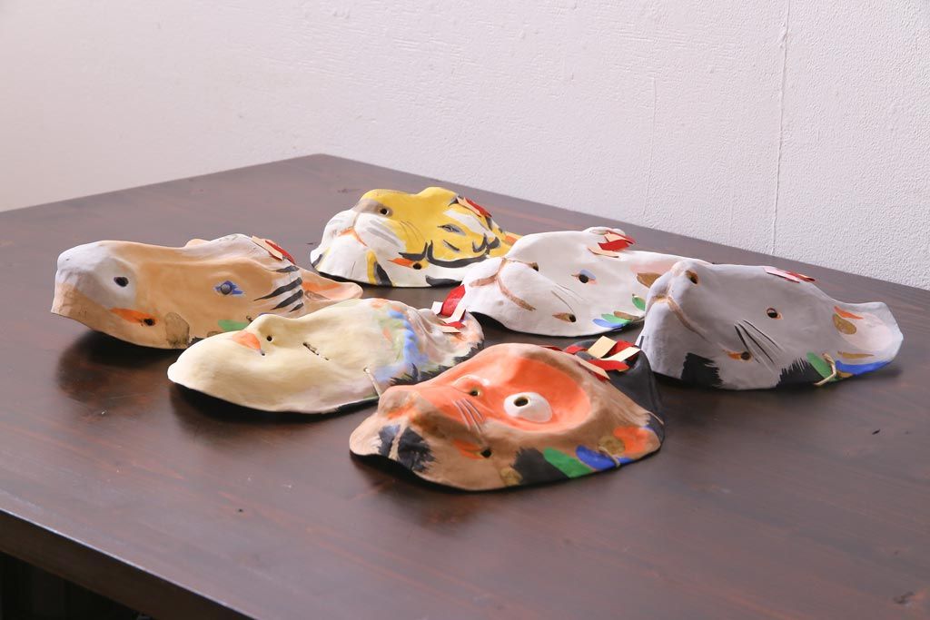 昭和期　藤原孚石作　厄除　嵯峨面　歳頭招福面　6個セット・紙箱付き(干支)(R-036868)