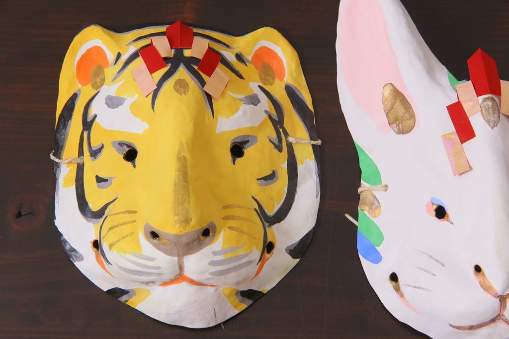 昭和期　藤原孚石作　厄除　嵯峨面　歳頭招福面　6個セット・紙箱付き(干支)(R-036868)