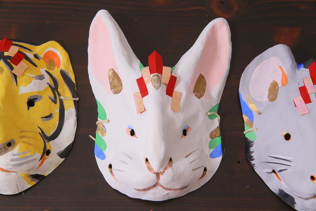 昭和期　藤原孚石作　厄除　嵯峨面　歳頭招福面　6個セット・紙箱付き(干支)(R-036868)