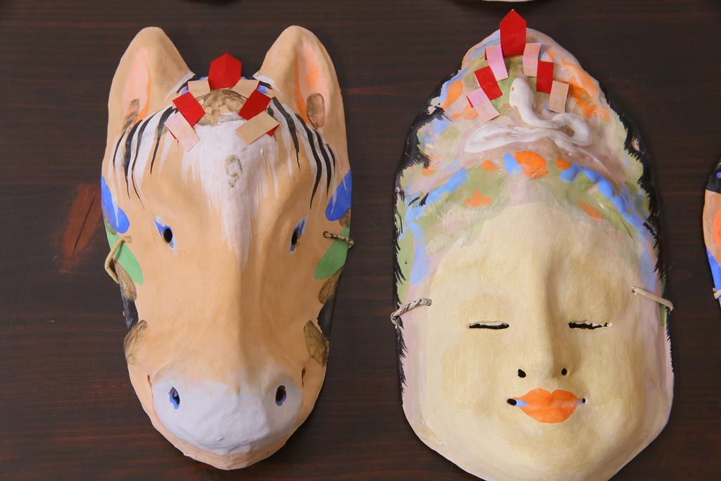 昭和期　藤原孚石作　厄除　嵯峨面　歳頭招福面　6個セット・紙箱付き(干支)(R-036868)