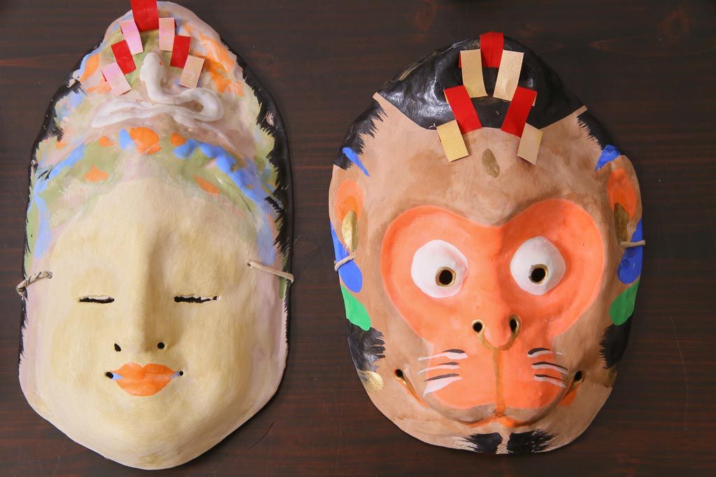 昭和期　藤原孚石作　厄除　嵯峨面　歳頭招福面　6個セット・紙箱付き(干支)(R-036868)