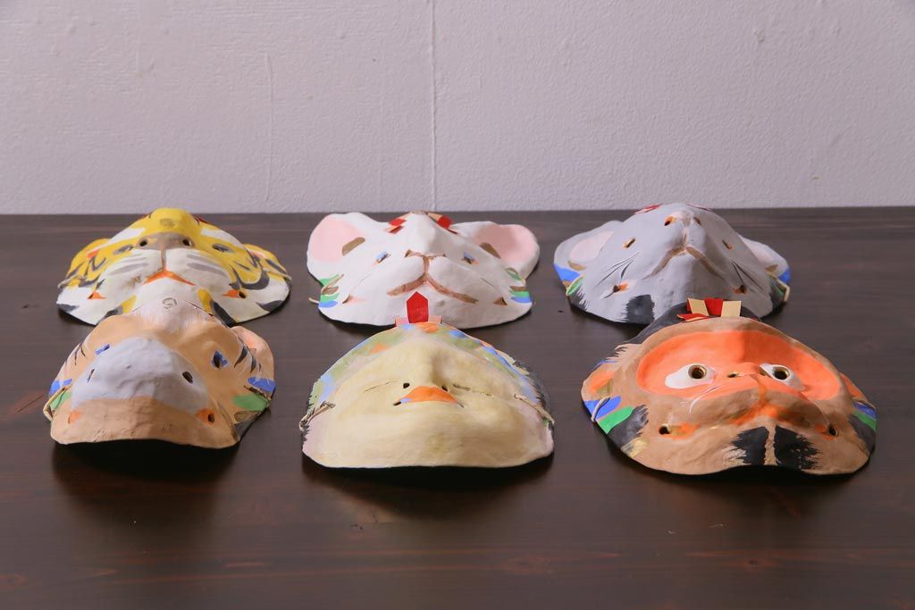 昭和期　藤原孚石作　厄除　嵯峨面　歳頭招福面　6個セット・紙箱付き(干支)(R-036868)