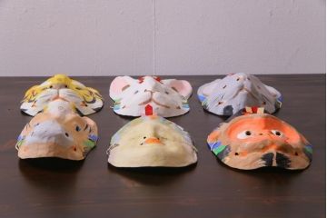 昭和期　藤原孚石作　厄除　嵯峨面　歳頭招福面　6個セット・紙箱付き(干支)(R-036868)