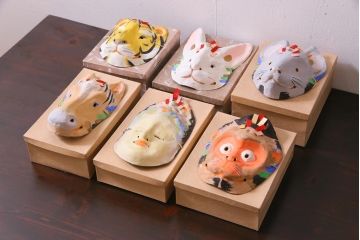 昭和期　藤原孚石作　厄除　嵯峨面　歳頭招福面　6個セット・紙箱付き(干支)(R-036868)